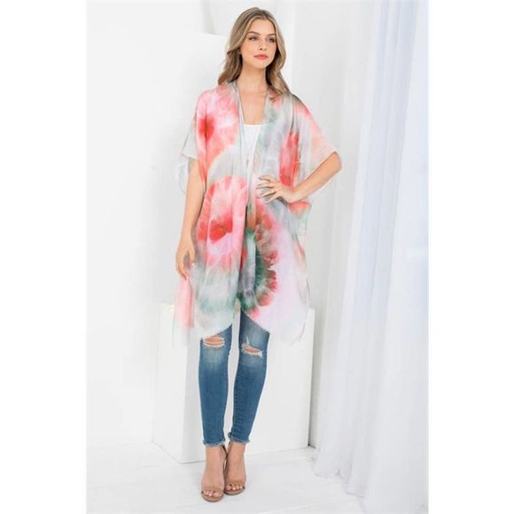 Pink Green Sunburst Print Tie Dye Open Front Kimono - Picture 3 of 6